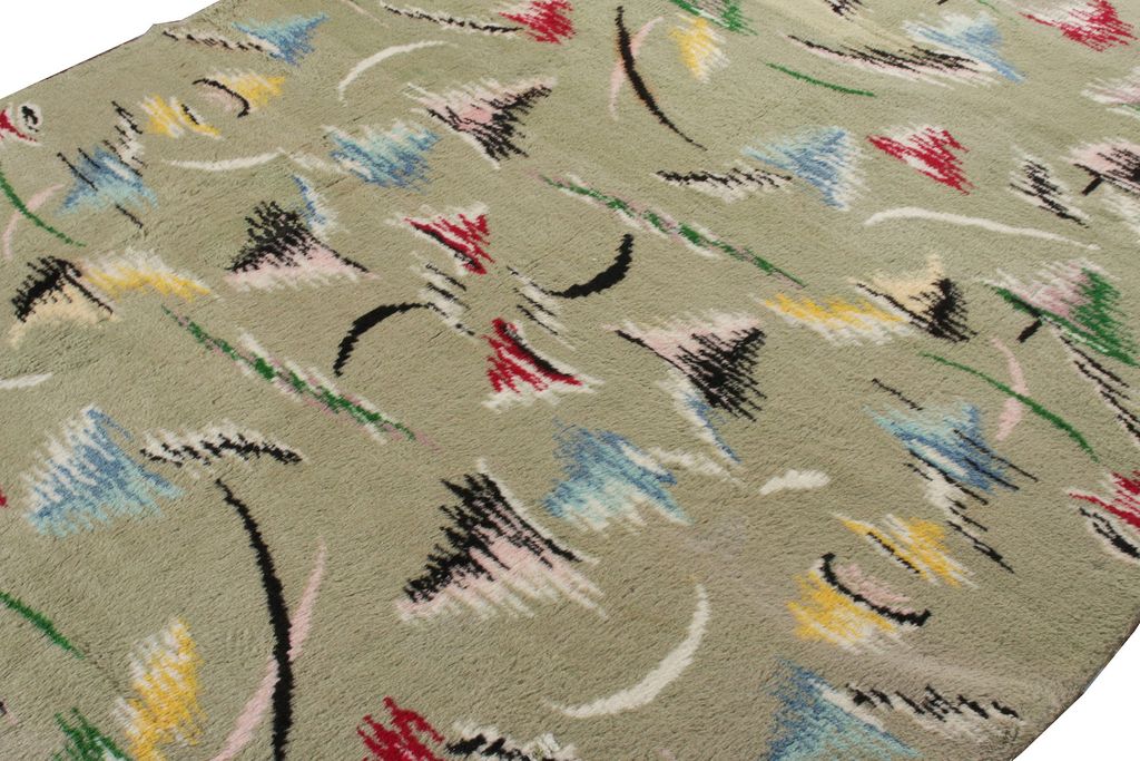 1960S Vintage Art Deco Rug In Green, Black, Multicolor All Over Geometric Pattern