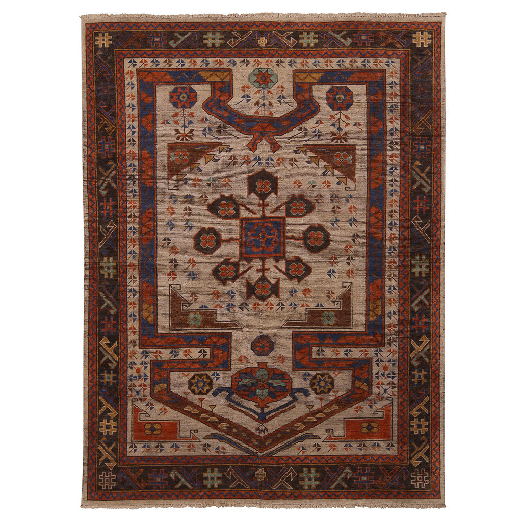Burano Beige And Burgundy Wool Prayer Rug With Blue Accents