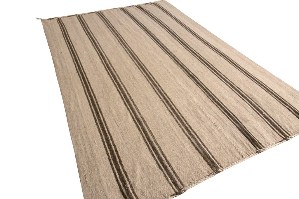 1950S Mid-Century Persian Kilim Beige Brown Striped Vintage Flat Weave