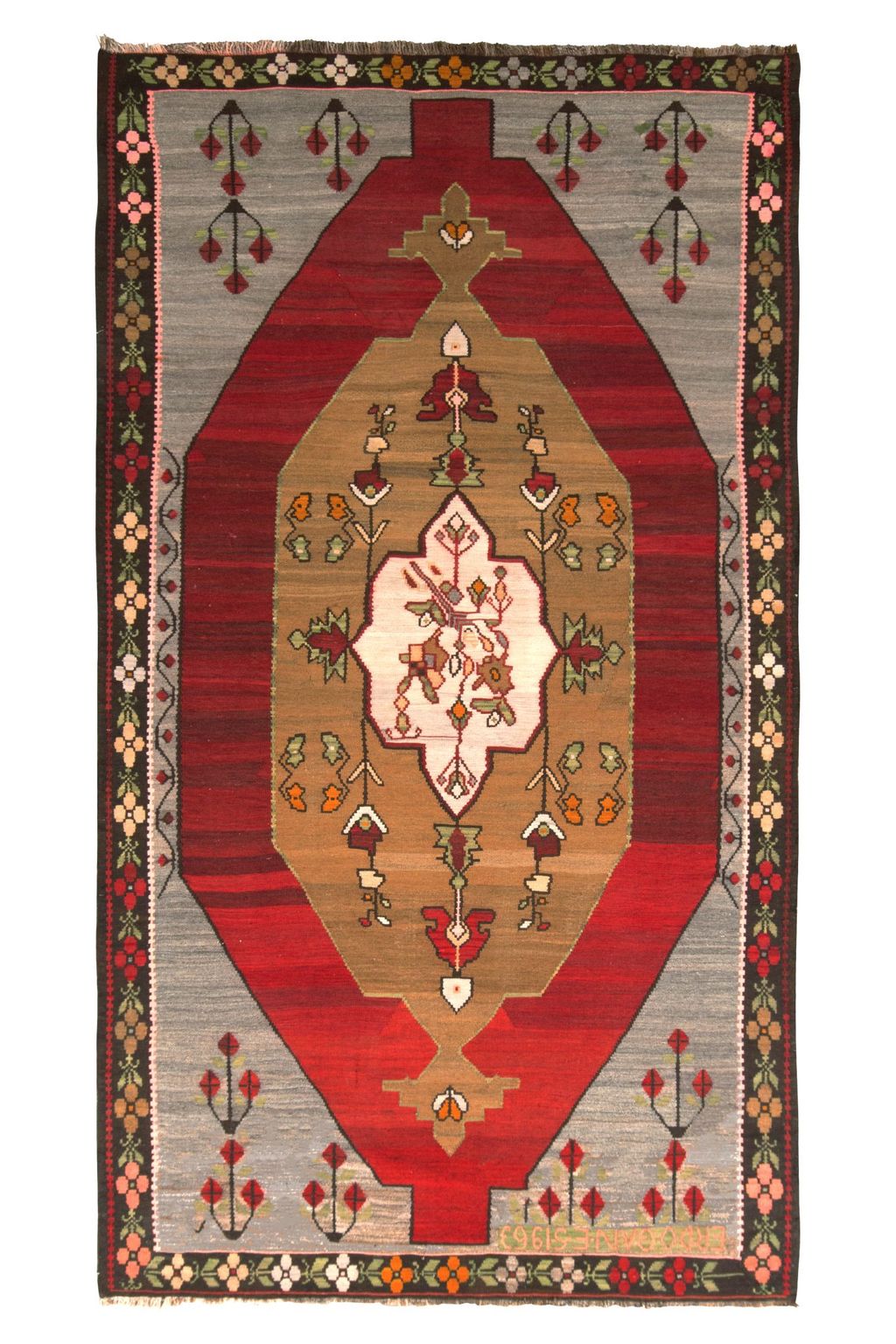 Mid Century Vintage Kilim Red Gray Medallion Floral Rug