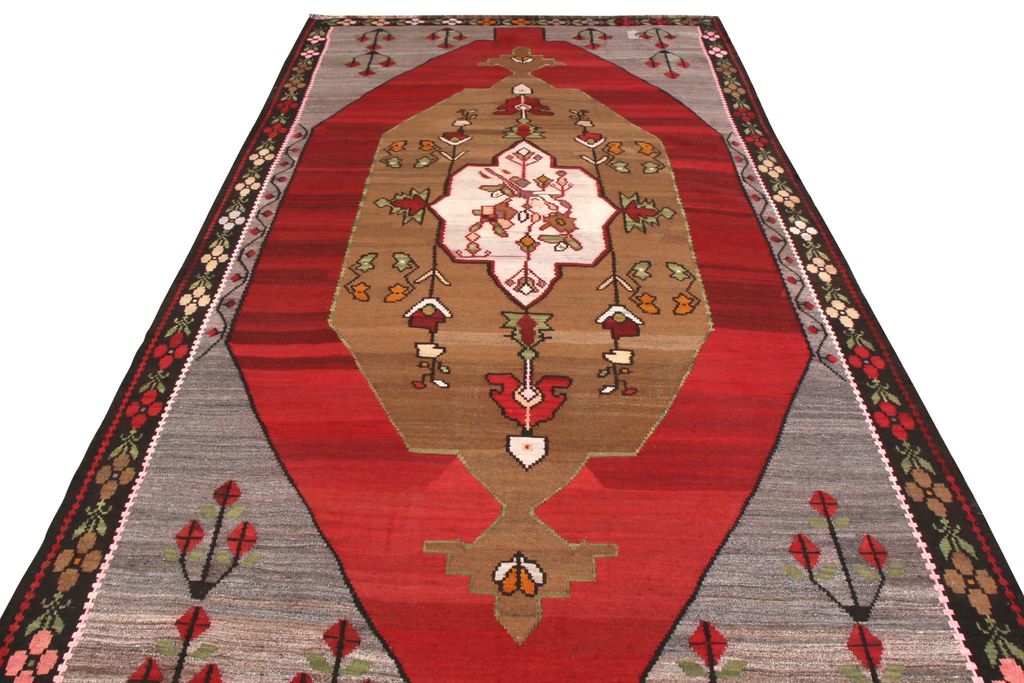 Mid Century Vintage Kilim Red Gray Medallion Floral Rug