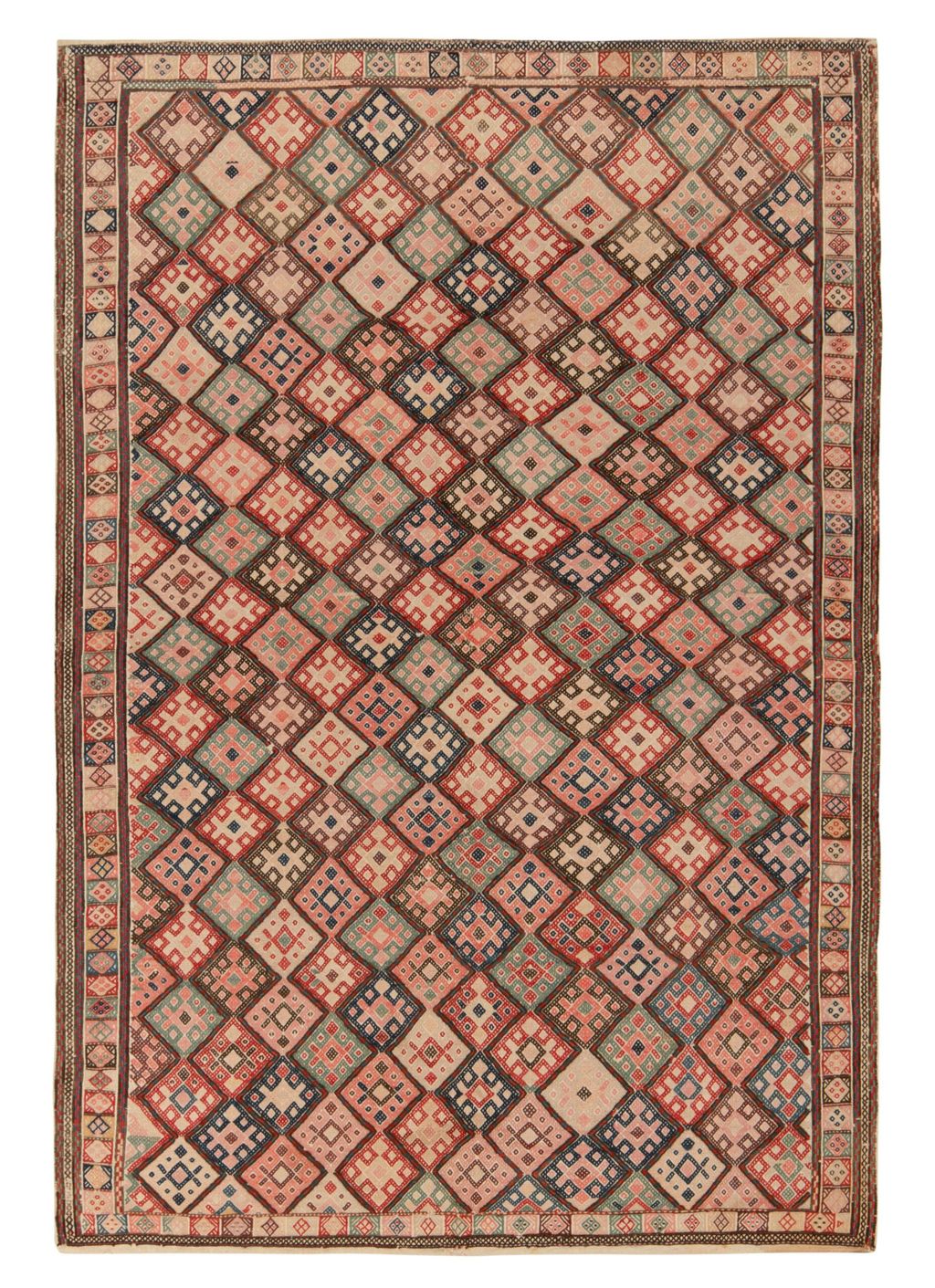 Vintage Turkish Kilim Rug In Beige, Pink And Red Tribal Geometric Pattern