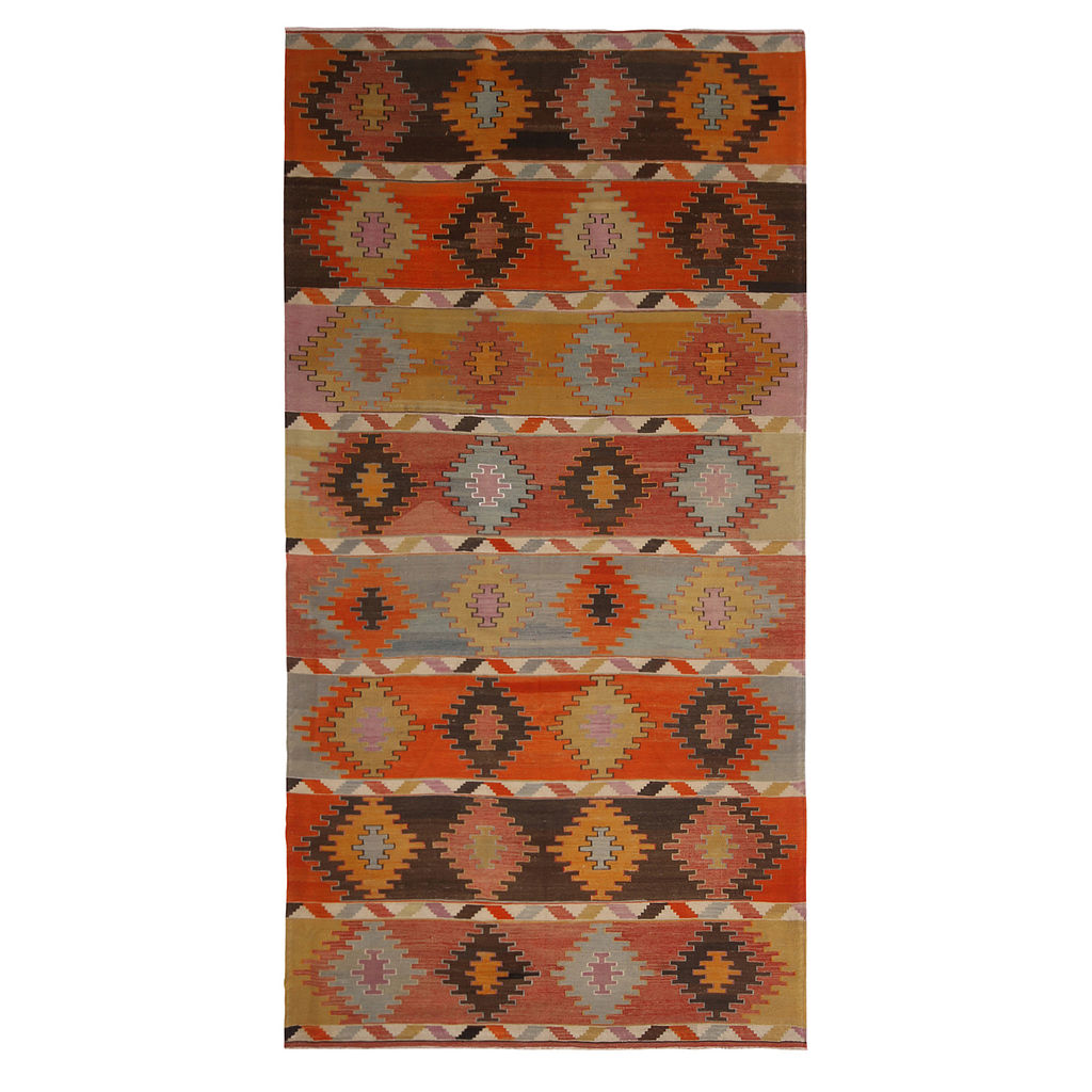 Vintage Mid-Century Afyon Geometric Multi-Color Wool Kilim Rug