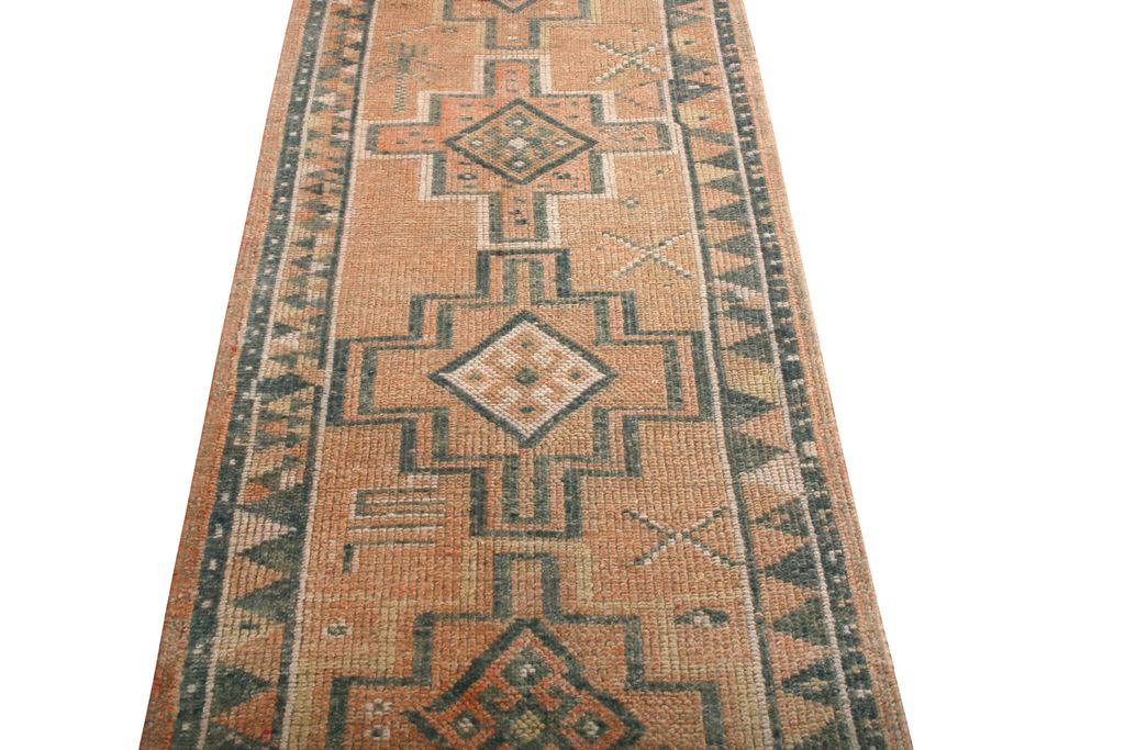 Vintage 1950S Mid-Century Kilim Peach Orange Geometric Wool Runner