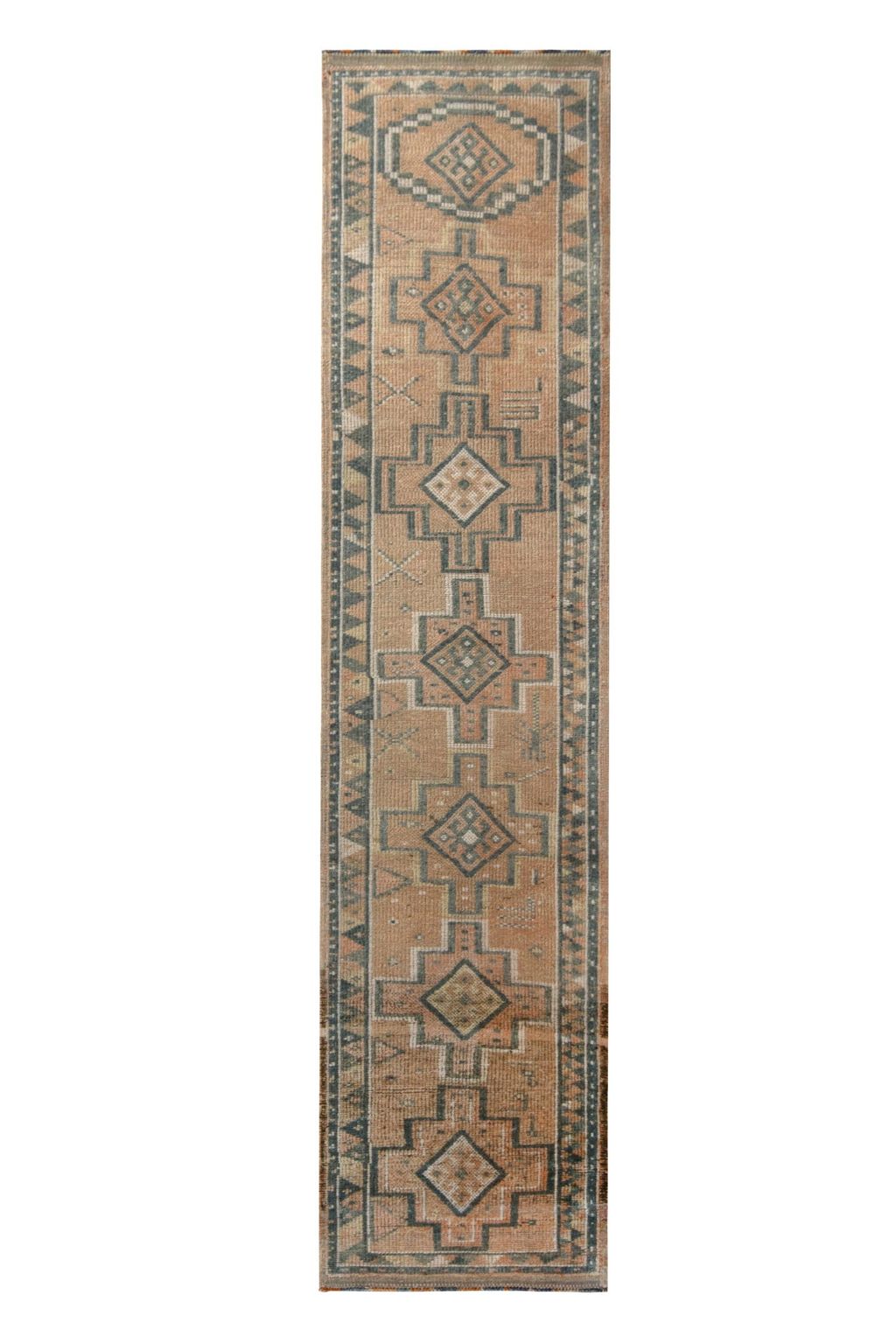 Vintage 1950S Mid-Century Kilim Peach Orange Geometric Wool Runner