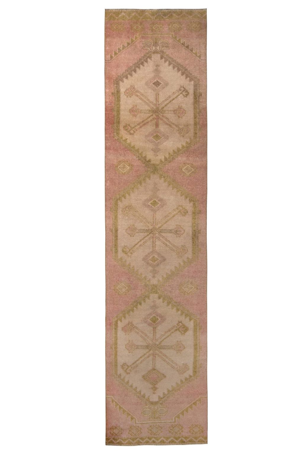Vintage 1950S Mid-Century Kilim Pink Runner Beige Cream Geometric Pattern