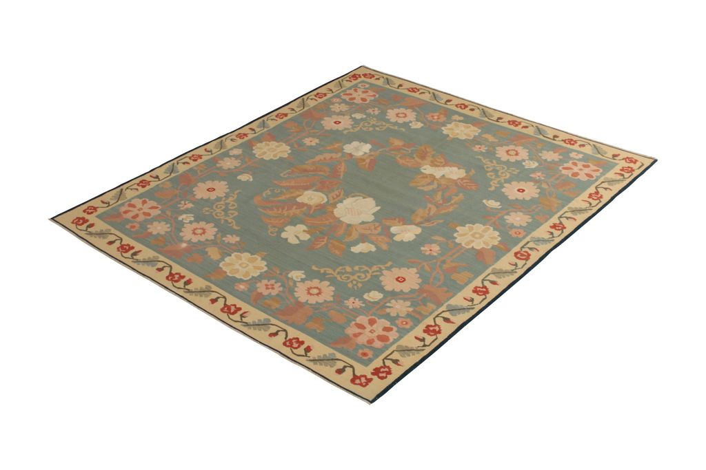 Vintage Mid-Century Bessarabian Kilim Rug Blue Pink Floral Medallion Pattern
