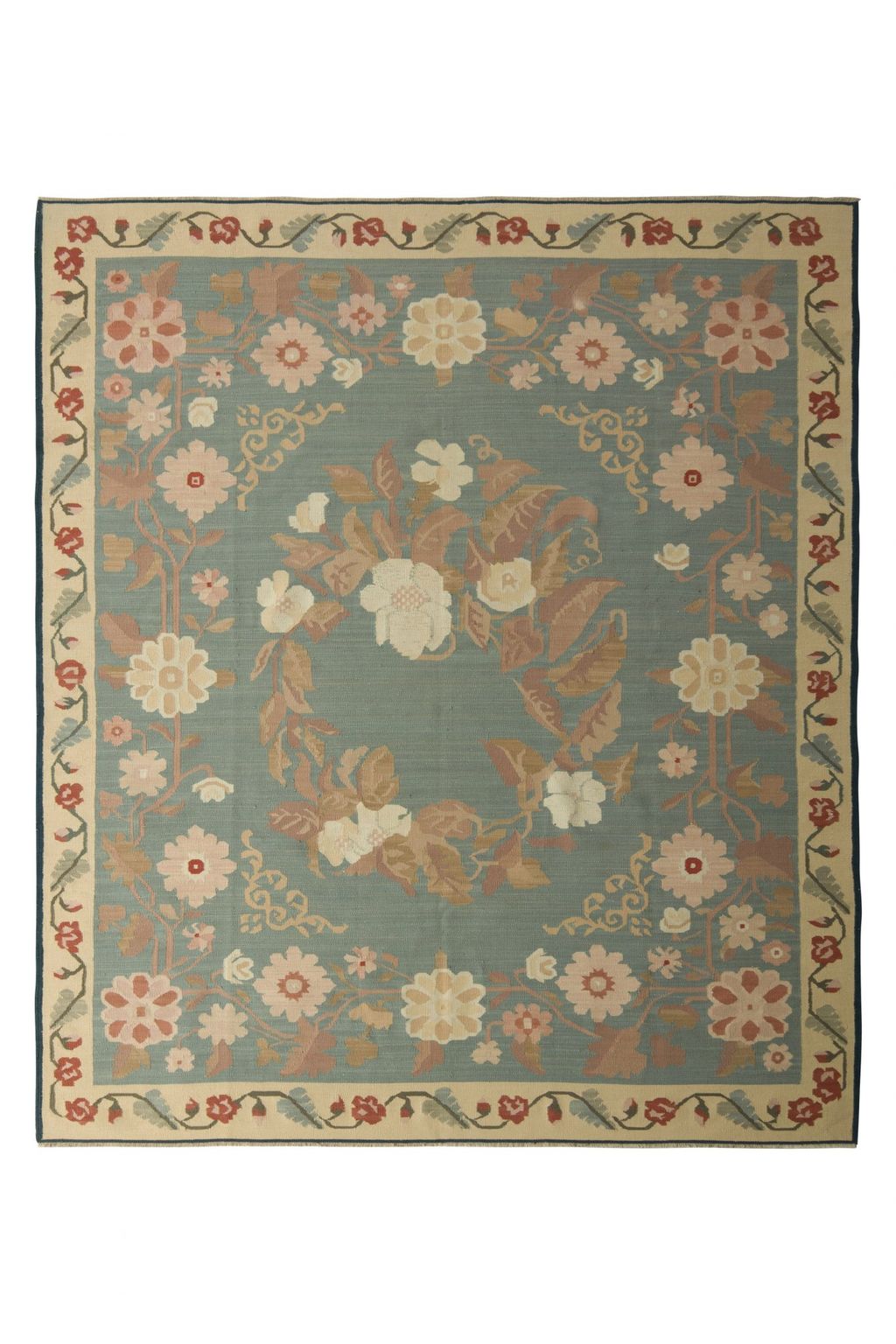 Vintage Mid-Century Bessarabian Kilim Rug Blue Pink Floral Medallion Pattern