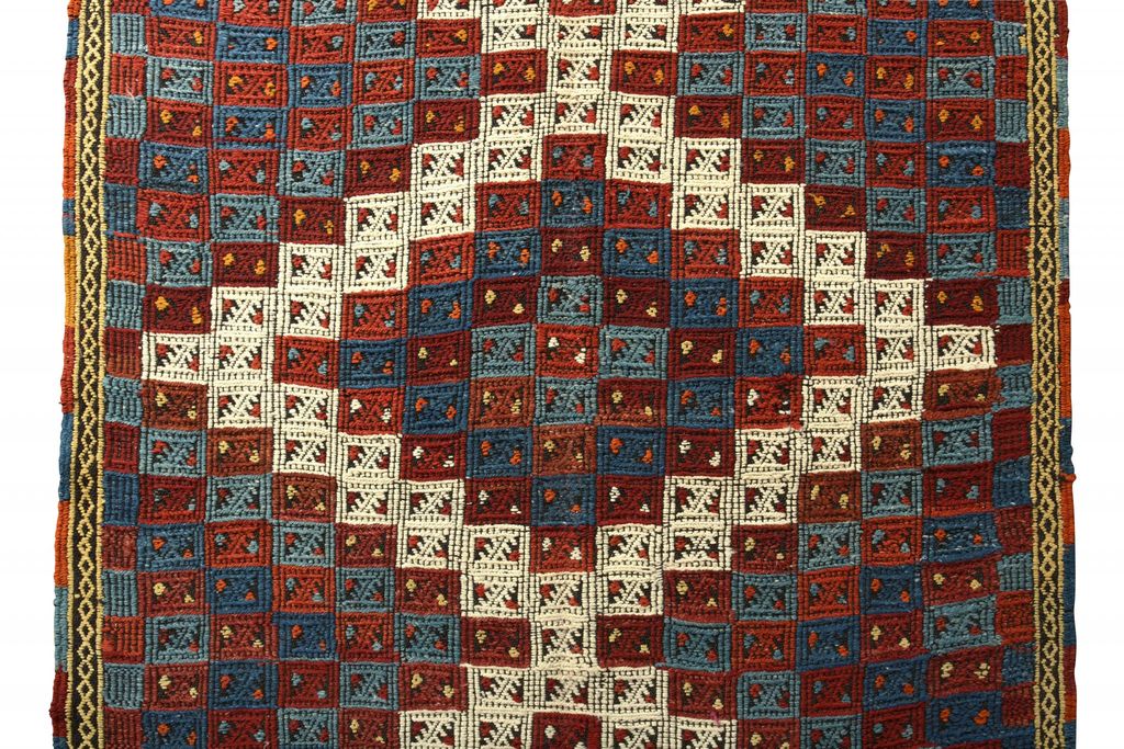 Mid-Century Vintage Kilim Red In Red Blue And White Geometric All Over Pattern