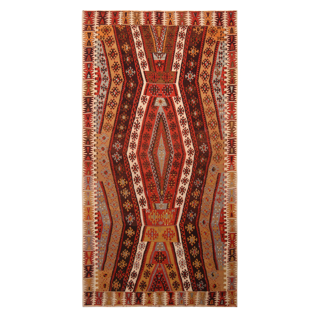 Vintage Geometric Beige Brown And Red Wool Kilim Rug