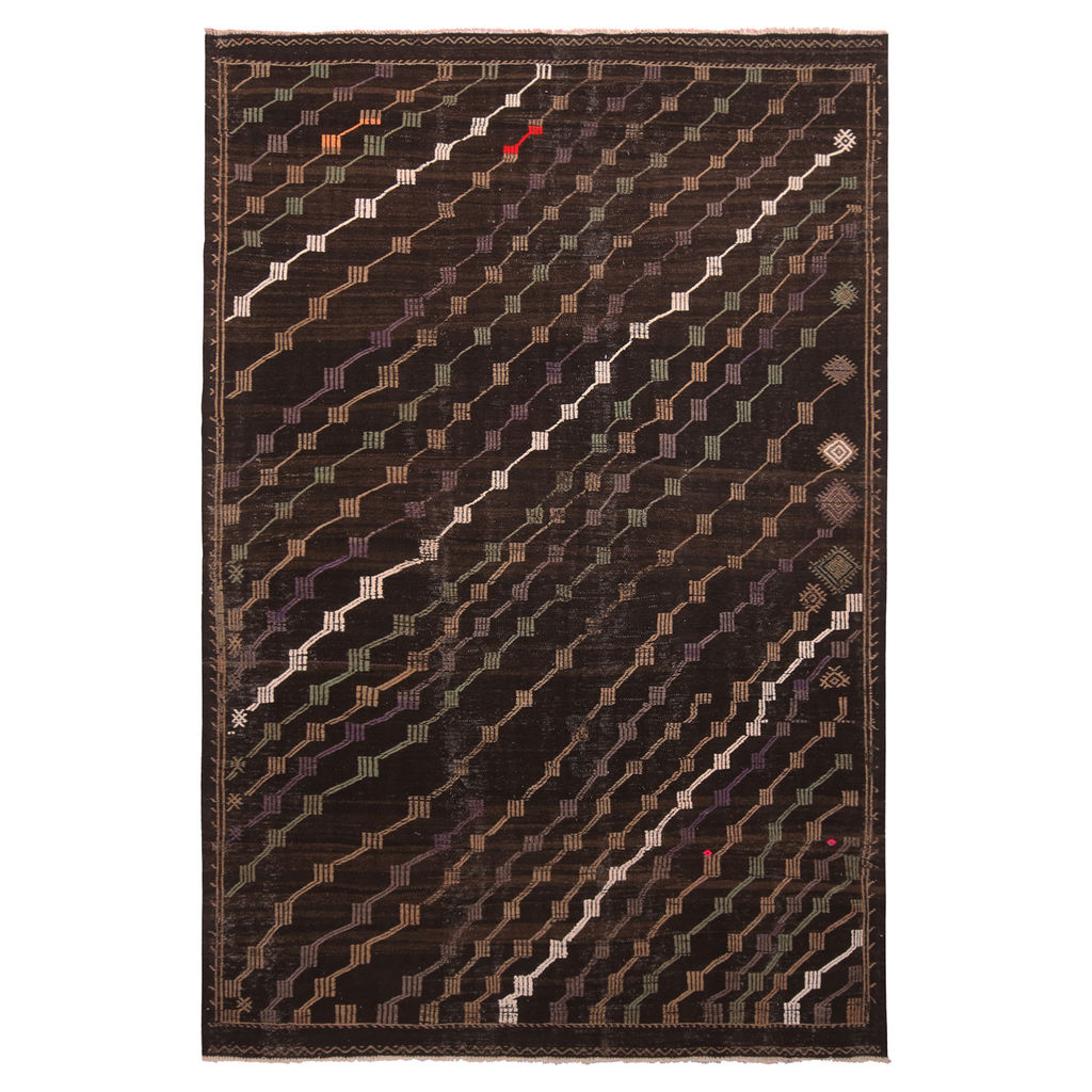 Vintage Mid-Century Geometric Beige-Brown Purple And Green Wool Striped Kilim Rug