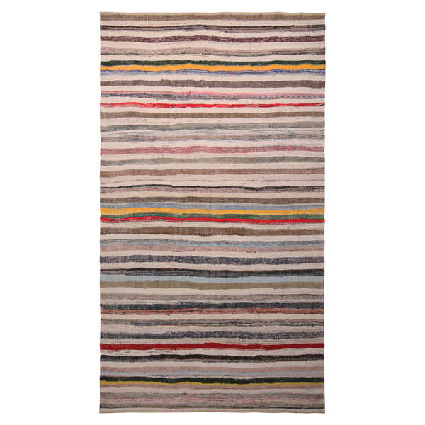 Vintage Geometric Striped Beige Brown And Multicolor Wool Kilim Rug