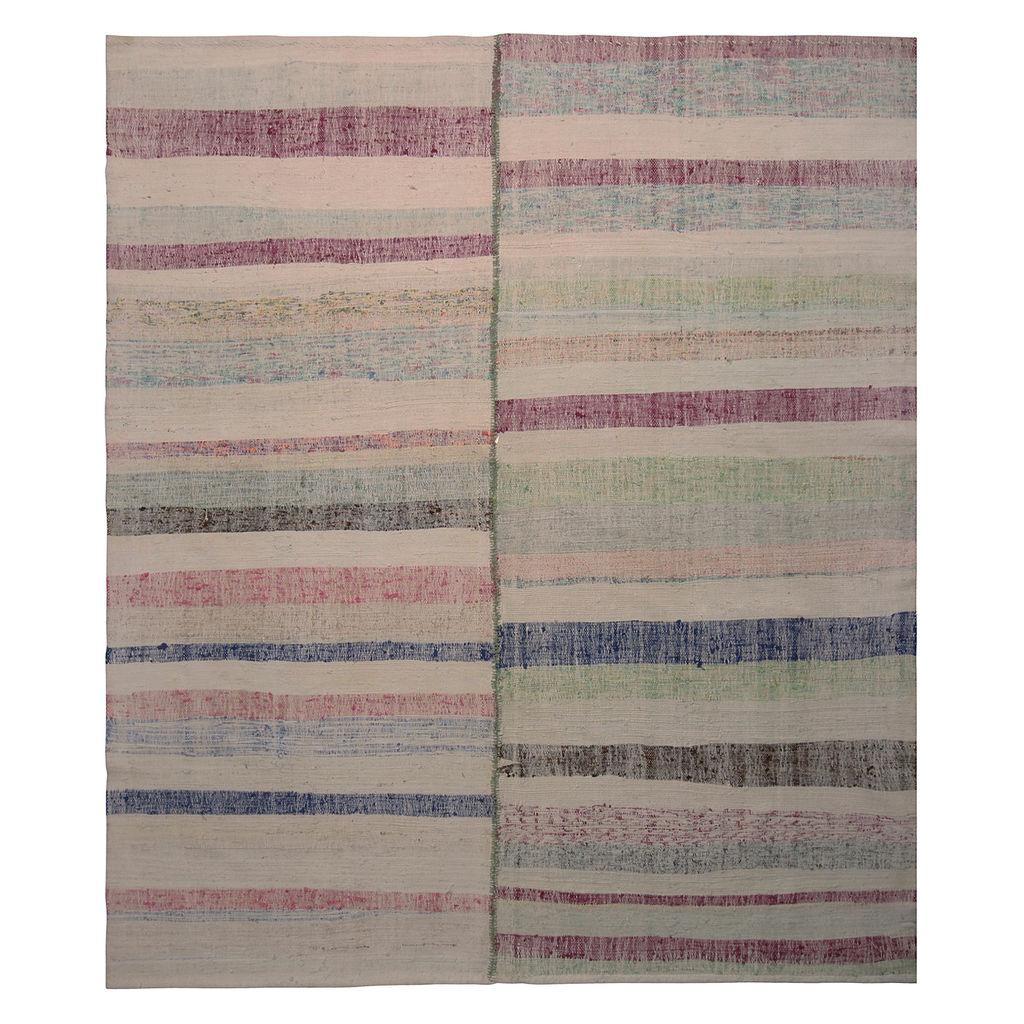 Vintage Chaput Geometric Striped Beige Brown Pink And Blue Wool Kilim Rug