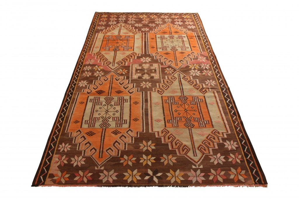 Handwoven Vintage Kars Kilim Rug In Brown And Orange Geometric Pattern