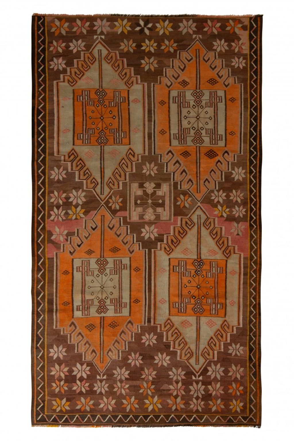 Handwoven Vintage Kars Kilim Rug In Brown And Orange Geometric Pattern
