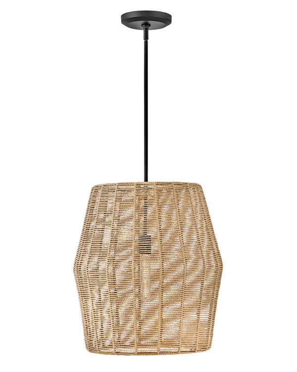 Large Convertible Pendant, Black With Camel Rattan Shade