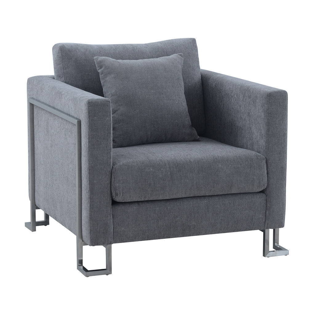 Heritage Gray Fabric Upholstered Accent Chair With Brushed Stainless Steel Legs
