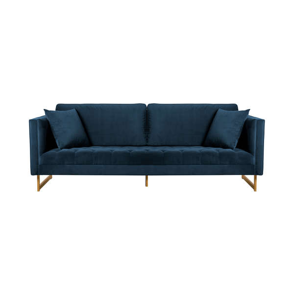 Lenox Blue Velvet Modern Sofa With Brass Legs