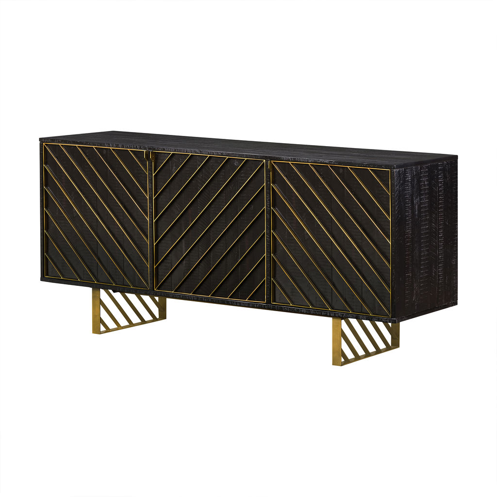 Rectangular Black Wood Sideboard With Antique Brass Accent