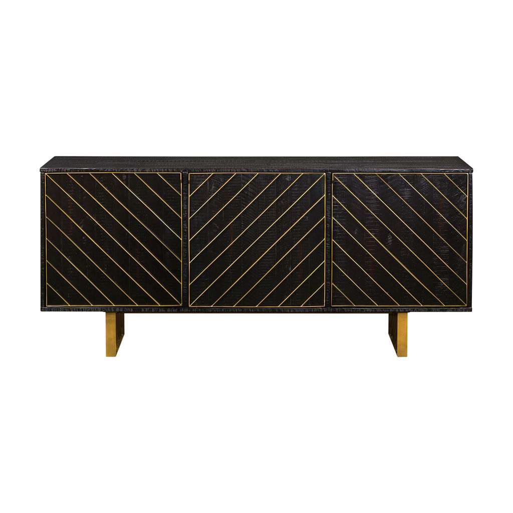 Rectangular Black Wood Sideboard With Antique Brass Accent