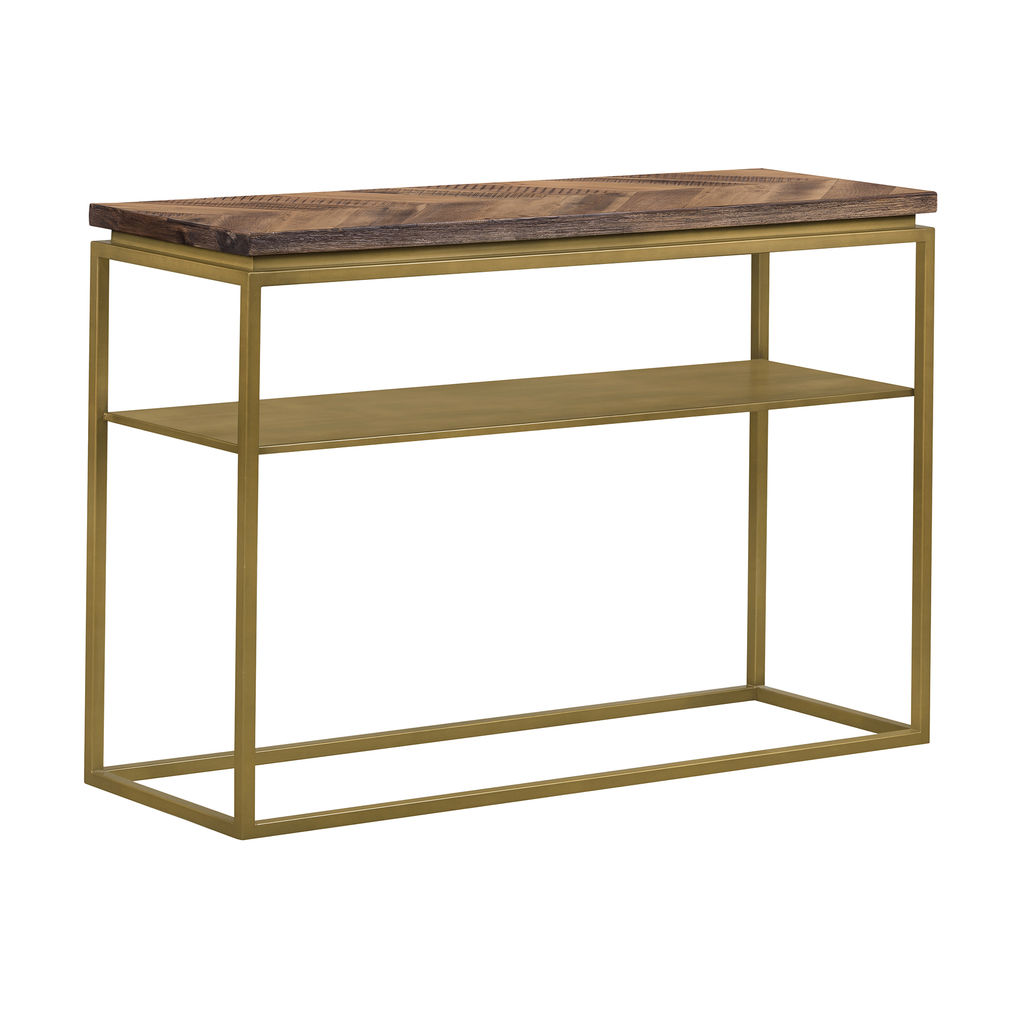 Preview image for Faye Rustic Brown Wood Console Table With Shelf And Antique Brass Metal Base