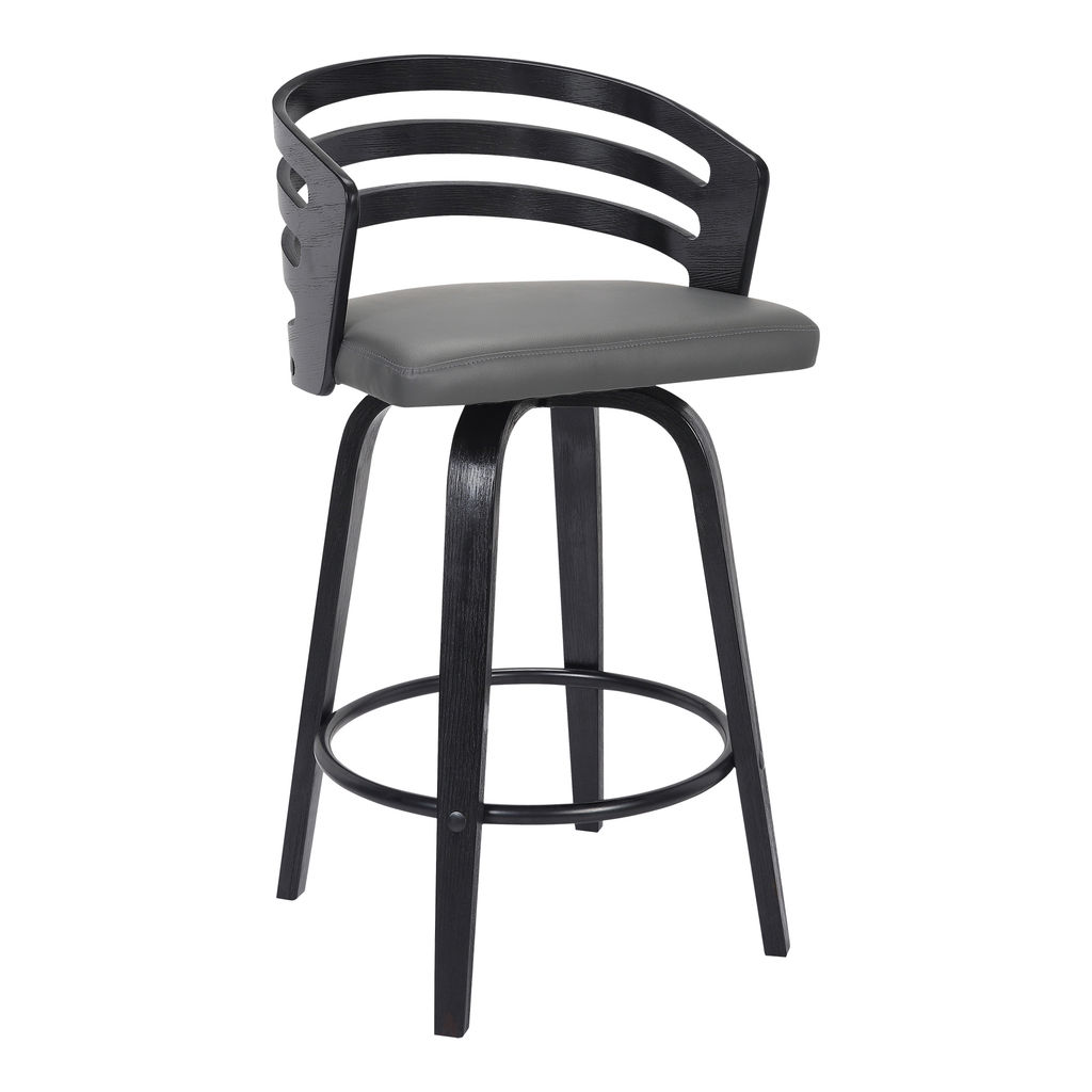 Jayden 30" Bar Height Swivel Grey Faux Leather And Black Wood Bar Stool