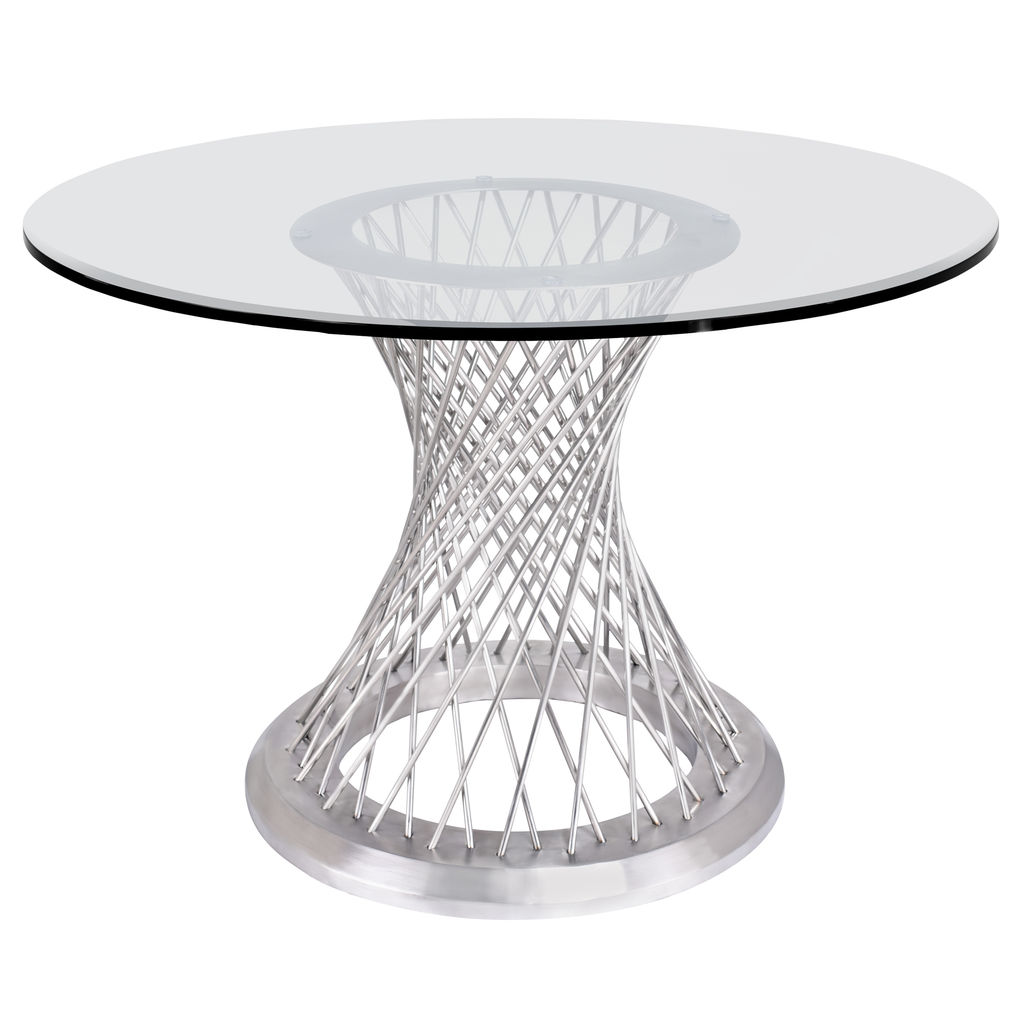 Calypso Contemporary Dining Table In Brushed Stainless Steel With Clear Tempered Glass Top
