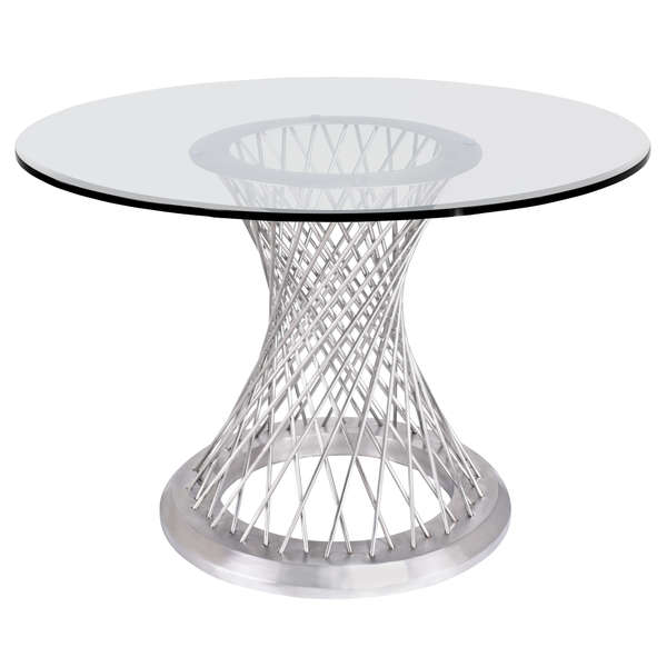 Calypso Contemporary Dining Table In Brushed Stainless Steel With Clear Tempered Glass Top