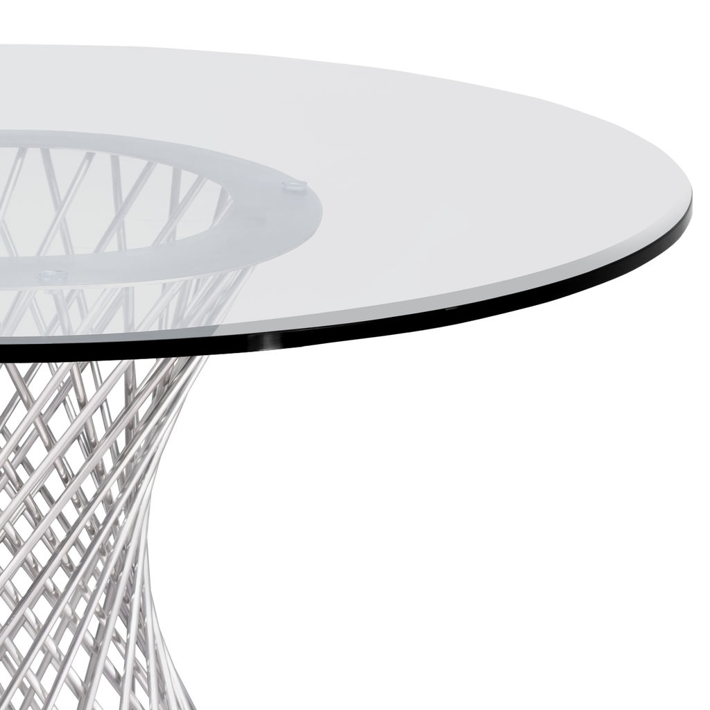 Calypso Contemporary Dining Table In Brushed Stainless Steel With Clear Tempered Glass Top