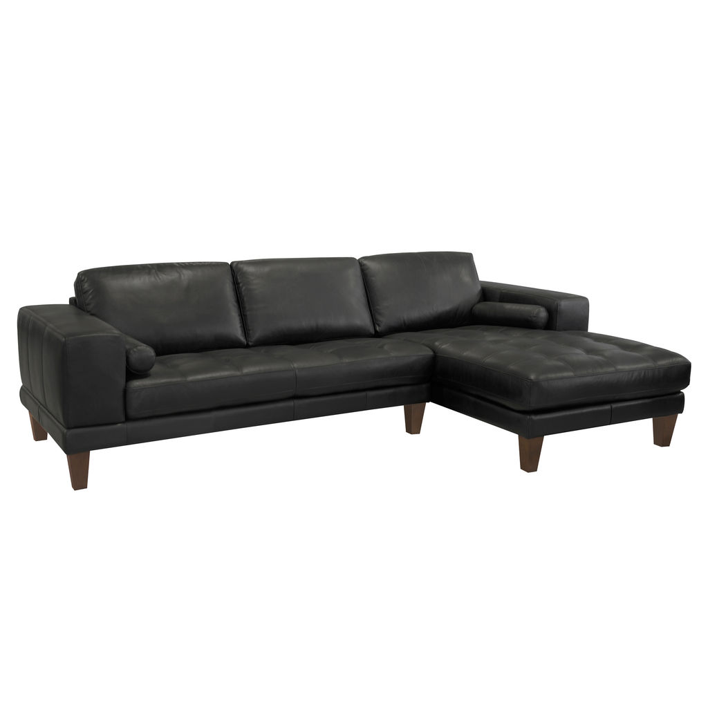 Preview image for Wynne Contemporary Sectional In Genuine Black Leather With Brown Wood Legs