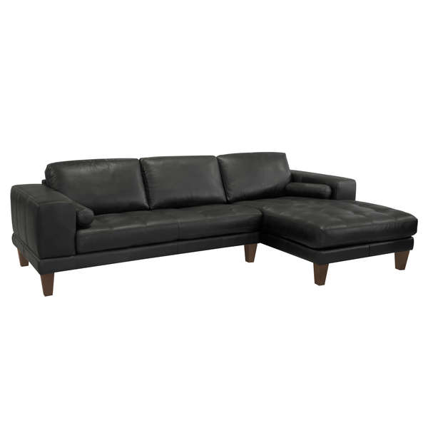 Wynne Contemporary Sectional In Genuine Black Leather With Brown Wood Legs