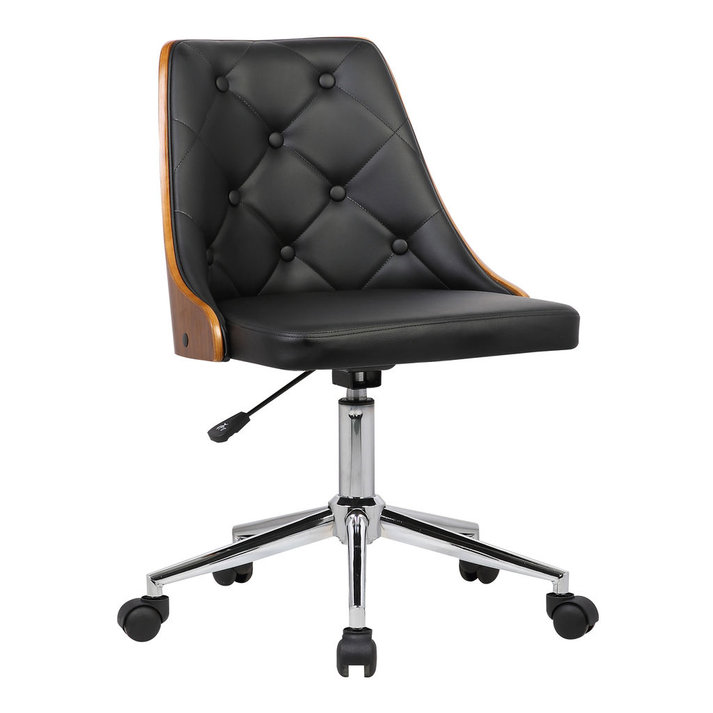Preview image for Diamond Mid-Century Office Chair In Chrome Finish With Tufted Black Faux Leather And Walnut Veneer Back