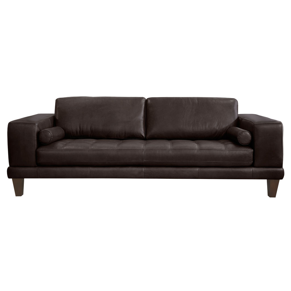 Contemporary Sofa In Genuine Espresso Leather With Brown Wood Legs