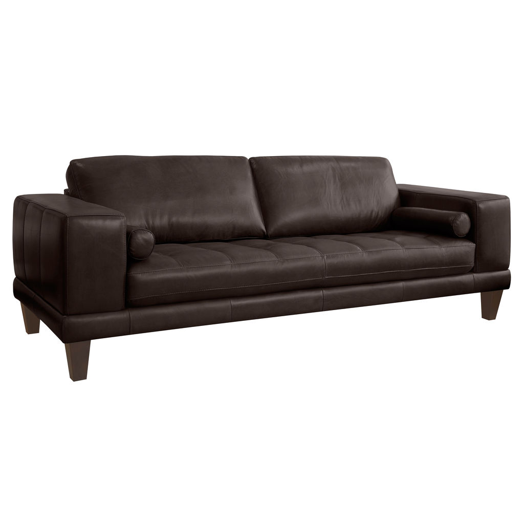 Contemporary Sofa In Genuine Espresso Leather With Brown Wood Legs