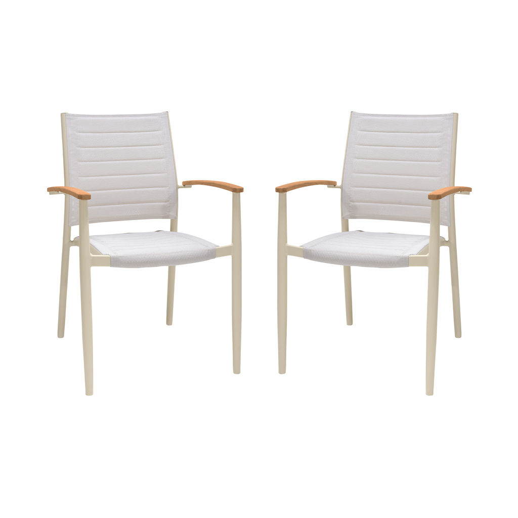 Preview image for Portals Outdoor Coral Sand Aluminum Stacking Dining Chair With Teak Arms - Set Of 2