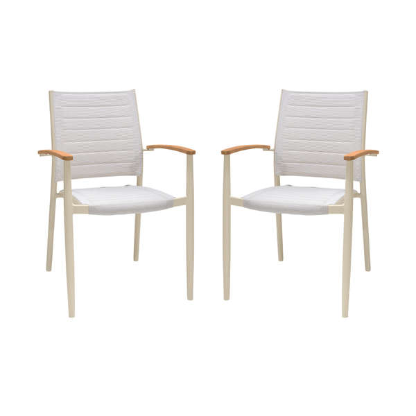 Portals Outdoor Coral Sand Aluminum Stacking Dining Chair With Teak Arms - Set Of 2