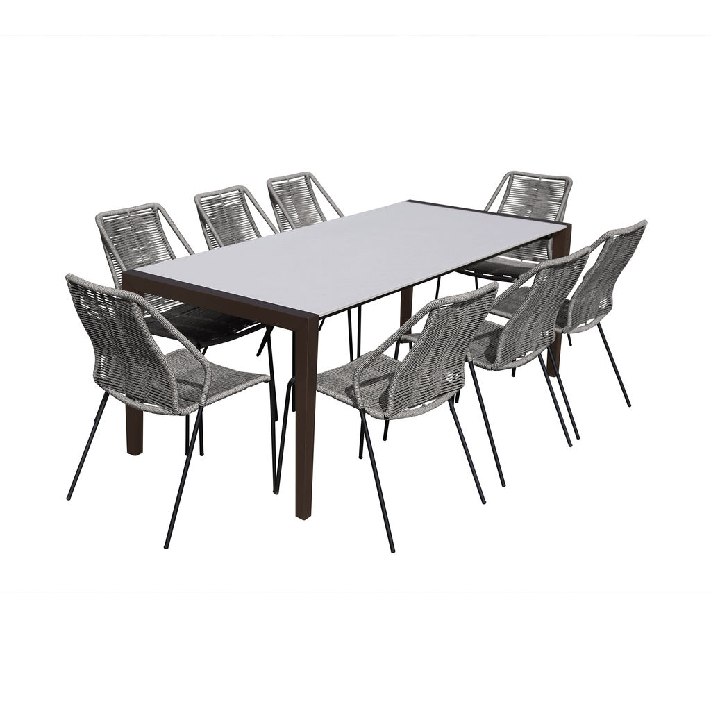 Fineline And Clip Indoor Outdoor 9 Piece Dining Set In Dark Eucalyptus Wood With Superstone And Grey Rope
