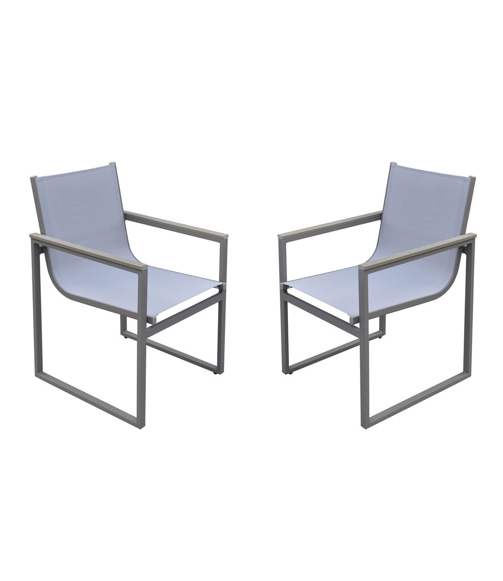 Preview image for Bistro Outdoor Patio Dining Chair In Grey Powder Coated Finish With Grey Sling Textilene And Grey Wood Accent Arms - Set Of 2