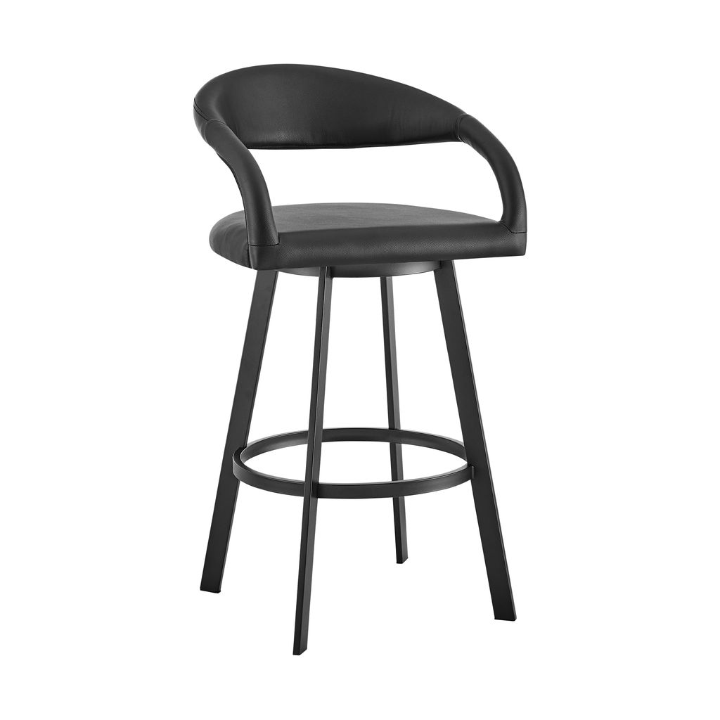 Matte Black Iron And Black Faux Leather 30" Swivel Bar Stool
