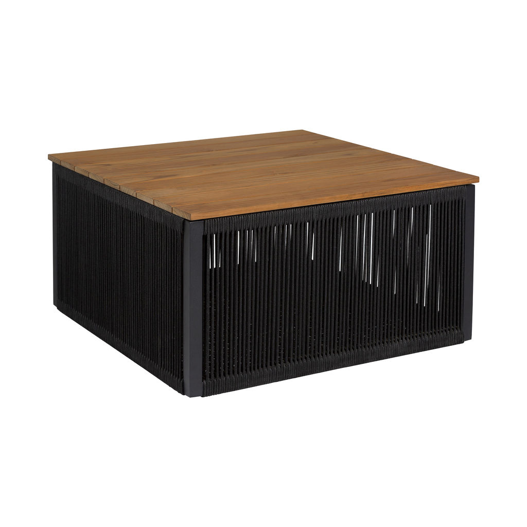 Outdoor Patio Coffee Table, Teak Wood & Black Rope