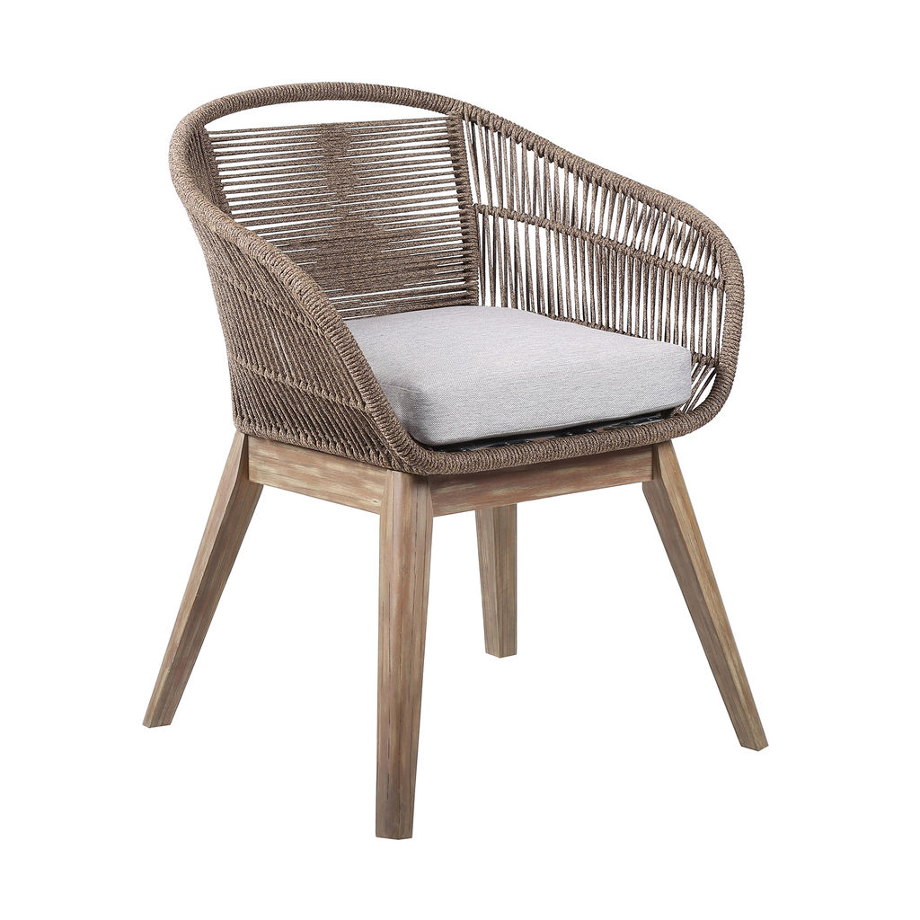 Escondido Tutti Frutti Outdoor Patio 5 Piece Round Dining Set In Eucalyptus Wood With Truffle Rope And Gray Cushions