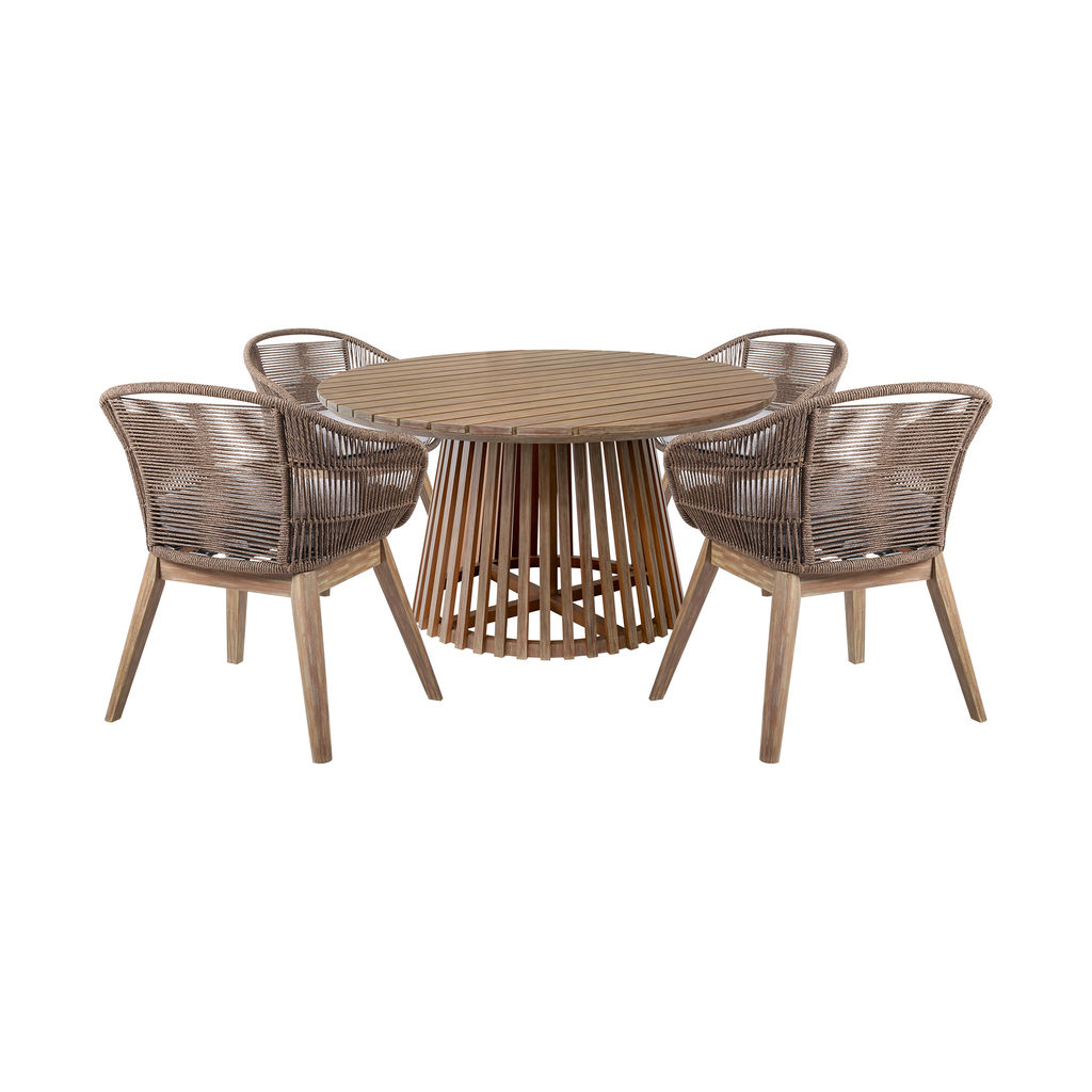 Escondido Tutti Frutti Outdoor Patio 5 Piece Round Dining Set In Eucalyptus Wood With Truffle Rope And Gray Cushions