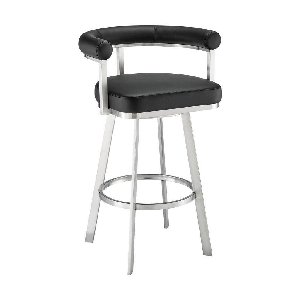Brushed Stainless Steel With Black Faux Leather 30" Swivel Bar Stool