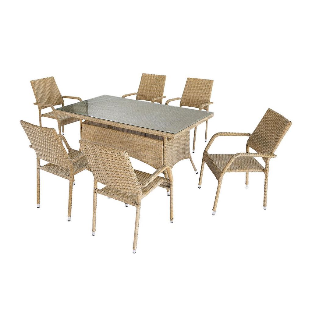 Genoa 7-Piece Steel Rectangle Glass Top Outdoor Dining Table And 6 Armchairs Without Cushions In Nature Tan Weave