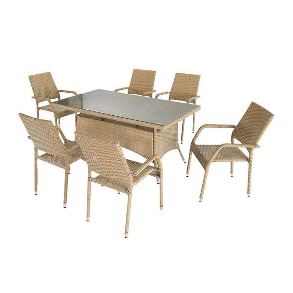 Genoa 7-Piece Steel Rectangle Glass Top Outdoor Dining Table And 6 Armchairs Without Cushions In Nature Tan Weave