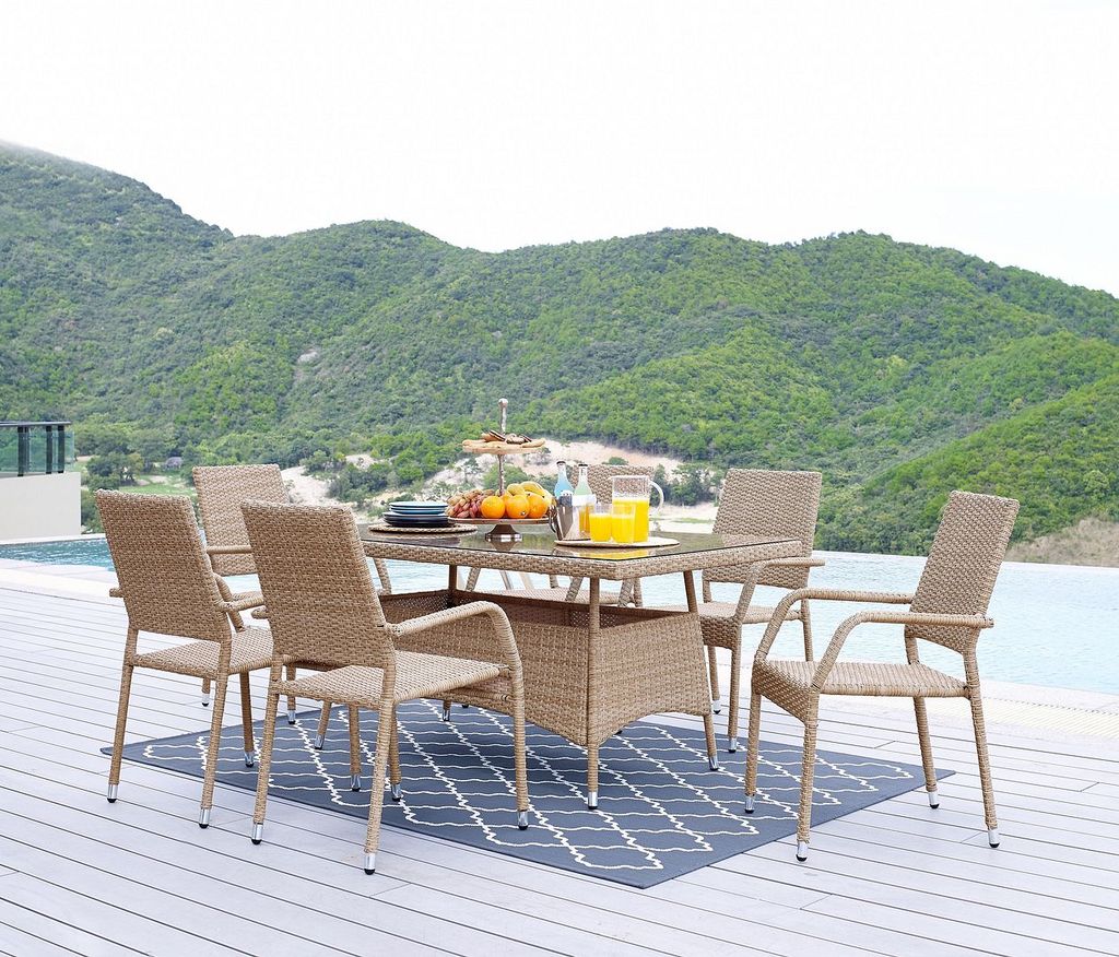 Genoa 7-Piece Steel Rectangle Glass Top Outdoor Dining Table And 6 Armchairs Without Cushions In Nature Tan Weave