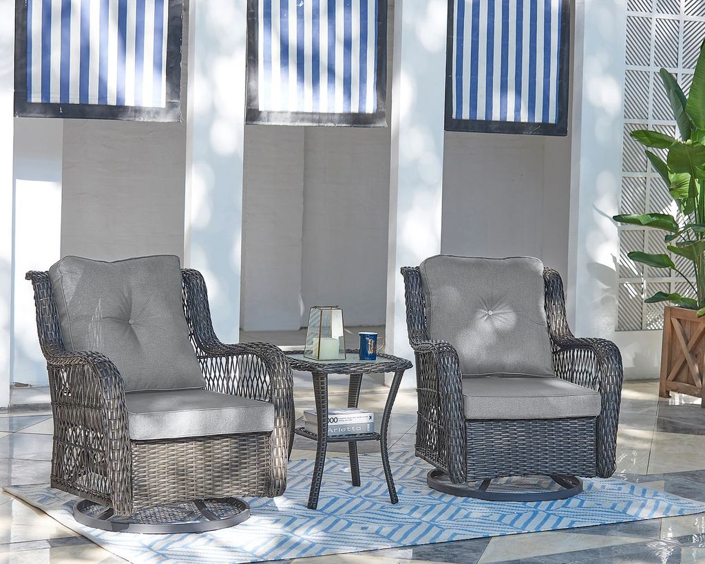 Fruttuo Swivel Steel Rattan 3-Piece Patio Conversation Set With Cushions In Grey