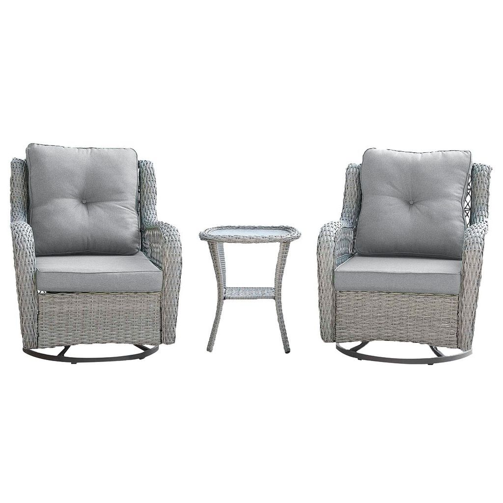 Fruttuo Swivel Steel Rattan 3-Piece Patio Conversation Set With Cushions In Grey