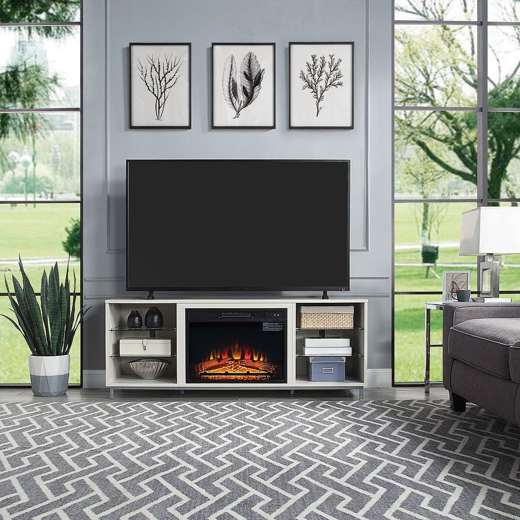 Beige 60" Fireplace With Glass Shelves And Media Wire Management