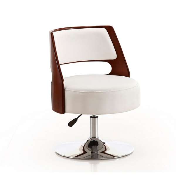 Salon White And Polished Chrome Faux Leather Adjustable Height Swivel Accent Chair